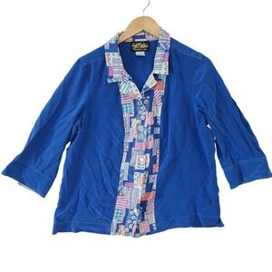 Bob Mackie Silk Blouse Womens Large Blue Patchwork Wearable Art 90s Button Down